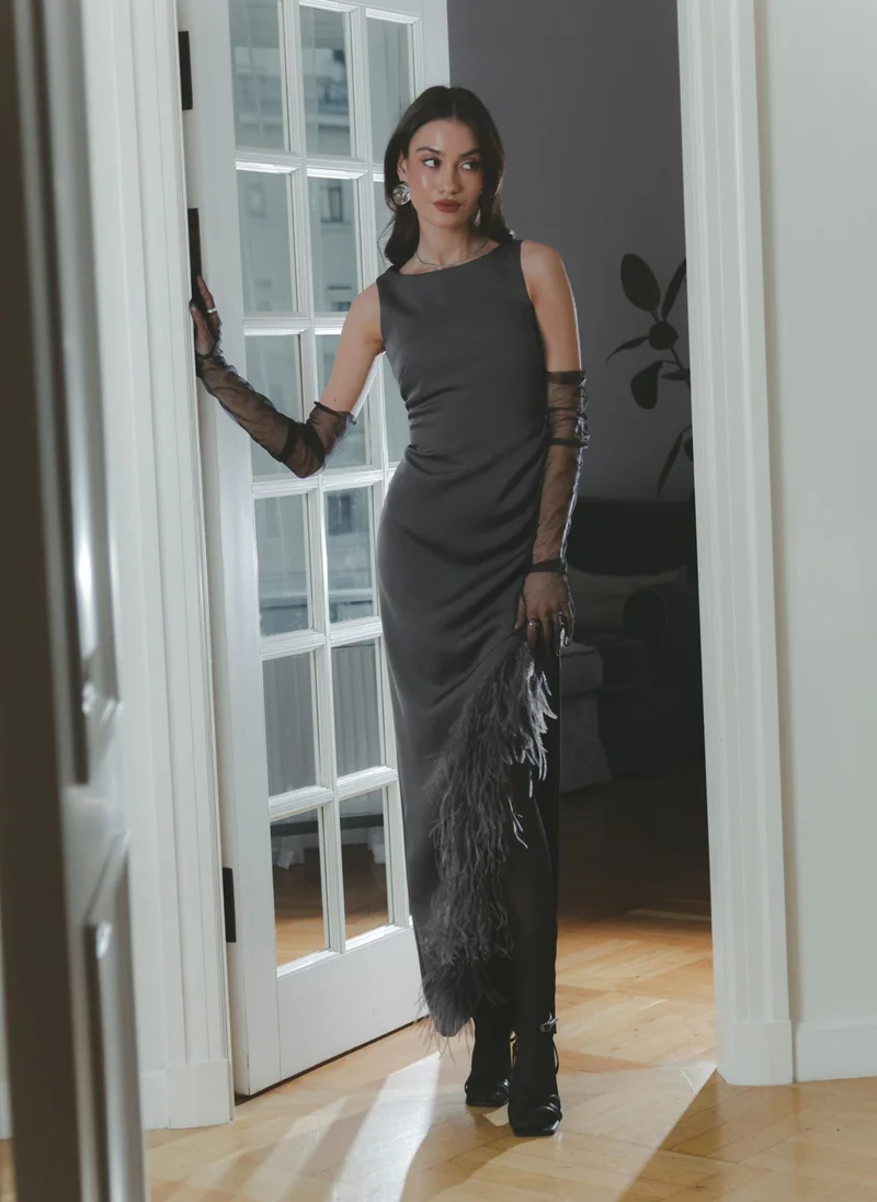 Lichi  Maxi combination dress with feathers on the skirt for Women | Best Price UAE